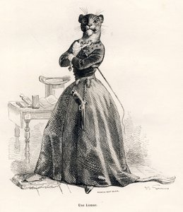 Lionne avec un pistolet et un fouet. Vignettes illustrées par JJ Granville. Gravure signée Andrew, Best et Leloir dans "Voyage d