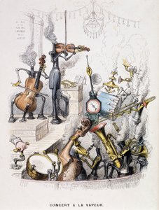 Musiciens transformés en machines et donnant un "Concert à la vapeur" - dans "Un autre monde" par Grandville, fin du 19e siècle.