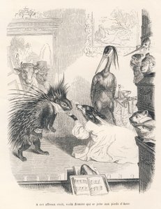 Opéra avec sur scène un porc-épic, un chien et un héron. Vignettes illustrées par JJ Granville. Gravure signée Godard dans "Le premier feuilleton de Pistolet" écrit par Jules Janin dans "Scènes de la vie privée et publique des animaux"