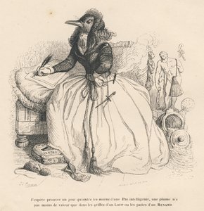 Pie écrivant à la plume avec une cigarette tenue par un porte-cigarette dans l
