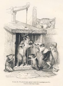 Piège : Chat guettant des souris venues pleurer celui qui a été fait prisonnier. Vignettes illustrées par JJ Granville. Gravure signée Andrew, Best et Leloir dans la partie intitulée "Le rat philosophe" écrit par Edouard Lemoine in "Scènes de la vie privée - Grandville