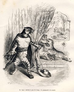 Tigre entrant sur scène le poignard à la main. Vignettes illustrées par JJ Granville. Gravure signée Godard dans la partie intitulée "Le premier feuilleton de Pistolet" écrit par Jules Janin in "Scènes de la vie privée et publique des animaux". Paris, J. H