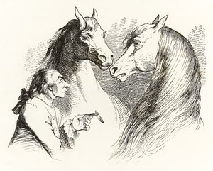 Gulliver converse avec des chevaux parlants au pays des Houyhnhnms, des Voyages de Gulliver par Jonathan Swift - Grandville