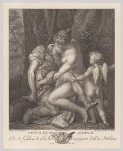 Vénus pleurant Adonis, assise sous un arbre et l
