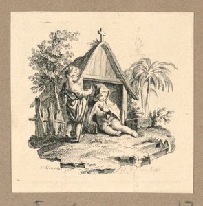 Deux figures devant une structure avec croix