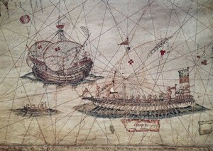 Galère et caravelle portugaise (détail de la carte nautique de la Méditerranée) - Grazioso Benincasa
