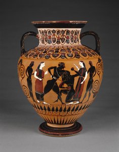 Amphore attique à figures noires avec Thésée tuant le Minotaure, c.550 av. J.-C. (terre cuite)