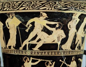 Calyx-cratère attique à figures rouges décoré de scènes des aventures de Thésée (détail) de Thésée et du géant Procruste