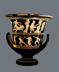 Calyx-krater à figures rouges attiques représentant (en haut) les exploits de Thésée et (en bas) les satyres Sikinnis, Komos et Simos allumant des torches avec des charbons que Prométhée porte dans une tige de fenouil, c.420 av. J.-C.