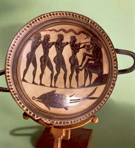 Coupe montrant Ulysse aveuglant Polyphème, poterie à figures noires, Grèce, Civilisation grecque, VIe siècle av. J.-C.