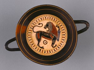 Kylix laconien à figures noires attribué au peintre Hunt, c.540 av. J.-C. - Greek