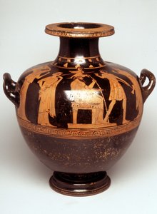 Peinture sur vase : Représentation de Jupiter (Zeus) trônant au centre. Au-dessus de sa tête apparaît Athéna, toute armée (naissance d