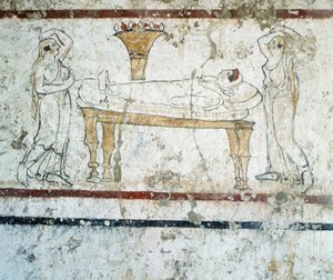 Nécropole de Gaudo, peinture murale lucanienne représentant la défunte sur son lit de mort, 340 av. J.-C.