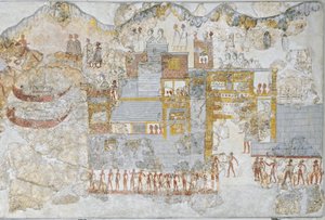 Fresque miniature représentant une flotte navale quittant le quai, de la maison ouest de Théra ou Santorin, Grèce