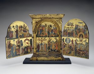 Résurrection de Lazare; Entrée à Jérusalem; Crucifixion; Descente du Christ aux Enfers (panneau central)