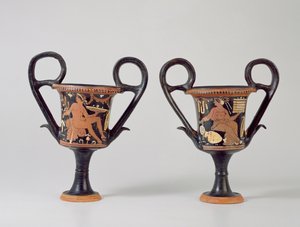 Kantharos à figures rouges représentant un jeune homme et kantharos représentant une femme, vers 310 av. J.-C.