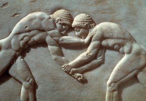 Concours entre athlètes, relief de la Nécropole de Kerameikos à Athènes, Grèce, (détail), civilisation grecque, VIe siècle av. J.-C.