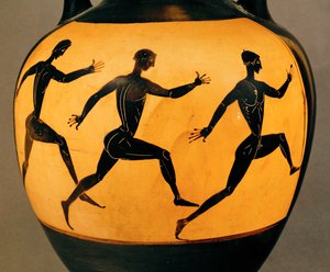 Trois participants à une course à pied aux Jeux panathénaïques, VIe siècle av. J.-C. (poterie) - Greek School