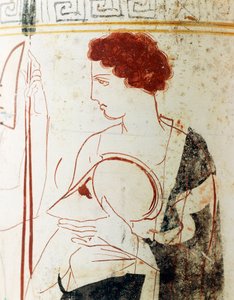 Potterie à fond blanc, lécythe attique représentant une scène funéraire avec un guerrier devant une tombe, détail