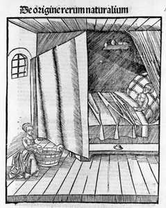 Une sage-femme nettoie le nouveau-né pendant que la mère se repose. Gravure dans « Margarita Philosophica » par Gregor Reisch (1467-1525), Bâle - Gregor Reisch