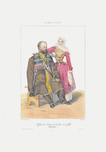 Cosaque Terek avec fille. De: Scènes, paysages, mœurs et costumes du Caucase, 1840 - Grigori Grigorevich Gagarin
