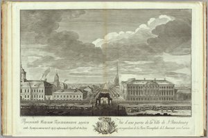 Perspective Nevski avec le palais Stroganov, livre pour le 50e anniversaire de la fondation de Saint-Pétersbourg, 1753 - Grigory Anikeevich Kachalov