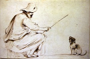 Un homme assis dressant un chien - Guercino