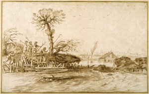 Une rivière en crue, et des paysans avec des haches et d