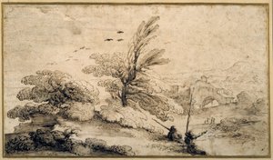 Paysage avec deux pêcheurs se reposant - Guercino