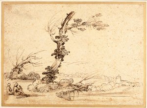 Paysage avec fauconniers près d