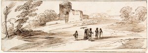 Paysage avec château et personnages - Guercino