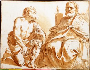 Évêque assis et saint agenouillé - Guercino
