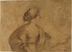 Femme de profil, pointant de la main gauche