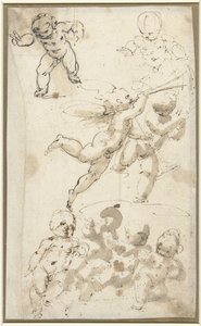 Putti et un ange flottant - Guglielmo Caccia