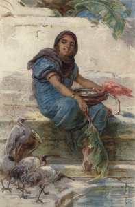 Nourrir les oiseaux sacrés (lithographie en couleur)