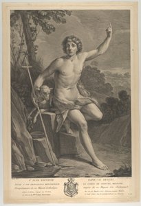 Saint Jean-Baptiste dans le désert, assis sur un rocher et pointant vers le haut avec sa main gauche, 1770 - Guido Reni