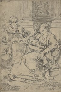 La Sainte Famille assise ensemble devant une colonnade, Saint Joseph lisant
