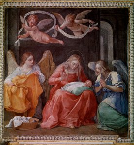 La Vierge cousant avec deux anges