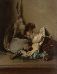 Nature morte avec pigeon ramier et corne à poudre