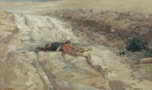 Scène de la guerre de 1870 : soldat mort sur un champ de bataille, vers 1870