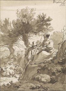 Paysage avec berger et bergère et leurs moutons - Guillaume Saint