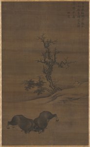 Garçons de troupeau et buffles dans un paysage