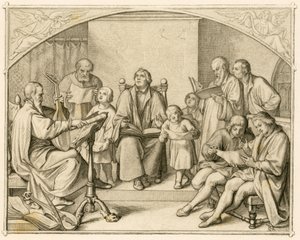 Introduction des hymnes religieux protestants allemands par Luther avec ses enfants et amis sous la direction de Johannes Walther (1496-1570)