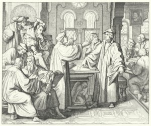 Martin Luther discutant du sacrement avec Huldrych Zwingli (gravure) - Gustav Ferdinand Leopold Konig