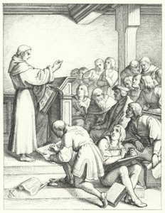 Martin Luther dans une conférence de philosophie et de théologie pour son diplôme de bachelier (gravure) - Gustav Ferdinand Leopold Konig