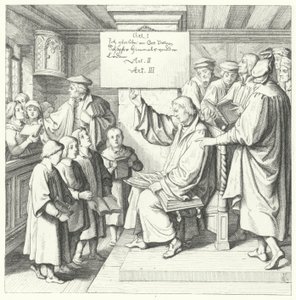 Martin Luther introduit le catéchisme aux écoliers (gravure)
