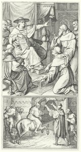 Martin Luther quittant le légat du Pape à Wittenberg, Thomas Cajetan (haut). Martin Luther quittant la ville d