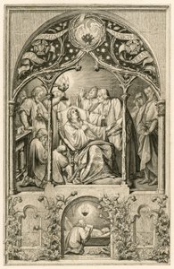La mort de Martin Luther, ses deux fils agenouillés devant lui, Dr. Justus Jonas prononçant les derniers mots, derrière eux Michael Coelius priant, Johannes Aurifaber avec un candélabre, le docteur Simon Wild avec des médicaments et à droite le comte Albre