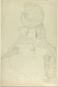 Femme assise de face avec chapeau, visage voilé
