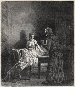 Marguerite entre dans la chambre de Fantine et Fantine lui montre deux Napoléons (pièces) qui peuvent sauver Cosette, sa fille - Illustration par Gustave Brion (1824-1877) pour « Les Misérables - Première partie : Fantine » de Victor Hugo (1802-1885) 1862